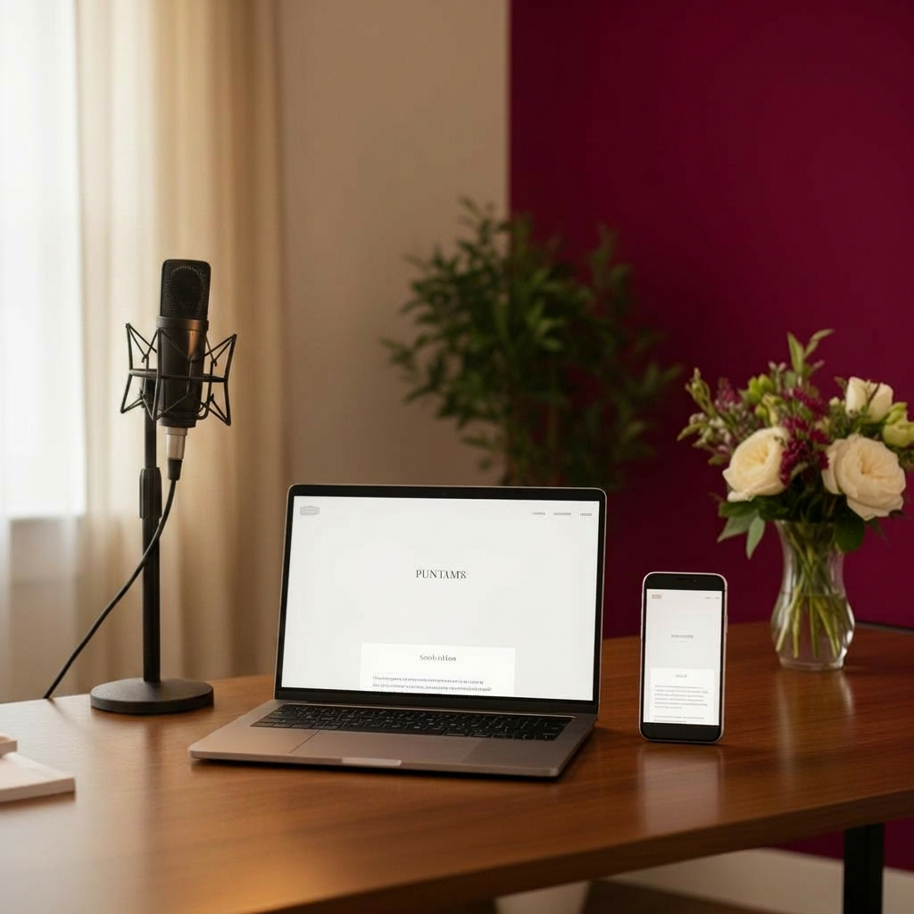 A refined content studio with a laptop and phone showing an elegant one-page website